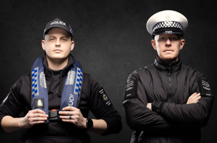 Police Constables in uniform. One male Marine Unit officer wearing life jacket and cap. One male Motor Patrols officer wearing white hat and black jacket.