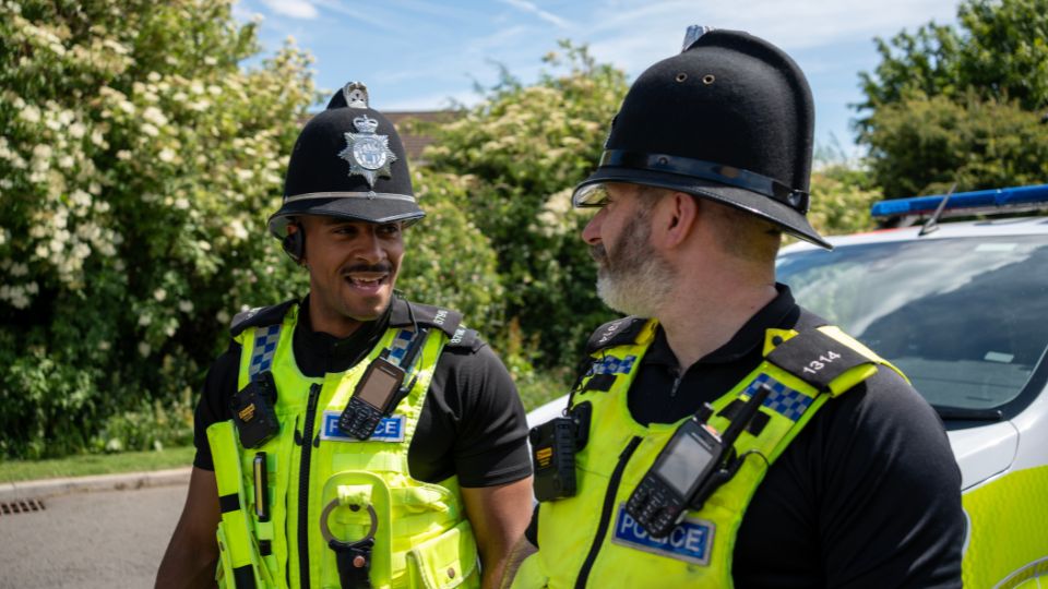 Join Northumbria Police and make a difference Northumbria Police neighbourhood police officers in uniform in a residential area conducting high visibility patrols.